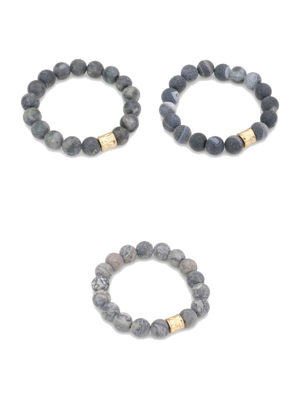3 Bracelet Stack - Larvikite, Gray River Pebble, Gray Picasso Jasper Stone Set